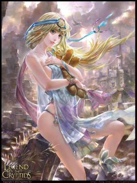 Anime picture 1000x1325 with legend of the cryptids yu-han single long hair tall image blue eyes light erotic blonde hair green eyes lips no bra legs girl bracelet