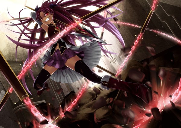 Anime picture 1920x1359 with mahou shoujo madoka magica shaft (studio) sakura kyouko futakabe long hair highres red eyes purple hair jumping destruction girl thighhighs skirt black thighhighs boots chain