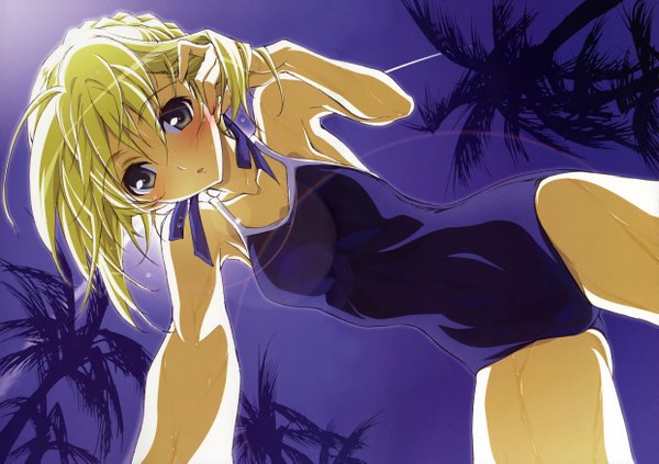 Anime picture 4966x3506 with fate (series) fate/stay night studio deen type-moon artoria pendragon (all) saber kurashima tomoyasu single blush highres short hair light erotic blonde hair absurdres girl swimsuit plant (plants) tree (trees)