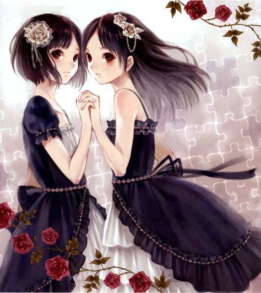 Anime picture 2046x2292 with original fukahire (ruinon) long hair tall image looking at viewer highres short hair open mouth black hair bare shoulders multiple girls brown eyes hair flower light smile holding hands girl dress hair ornament flower (flowers) 2 girls