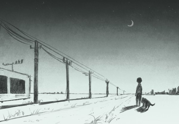 Anime picture 1300x900 with original tomi (artist) from behind night shadow monochrome crescent boy animal child (children) dog power lines