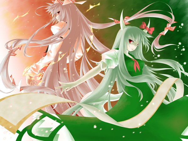 Anime picture 1024x768 with touhou fujiwara no mokou kamishirasawa keine ex-keine kkk (artist) long hair white hair horn (horns) green hair girl ribbon (ribbons)
