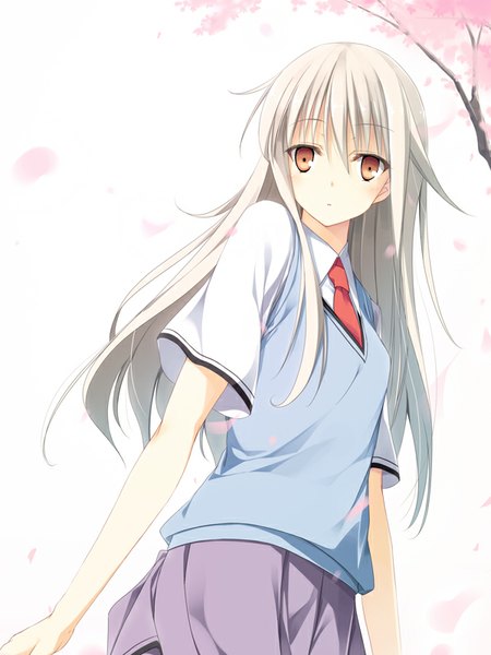 Anime picture 600x800 with sakura-sou no pet na kanojo j.c. staff shiina mashiro mac-kine single long hair tall image blonde hair red eyes cherry blossoms girl uniform plant (plants) school uniform petals tree (trees)