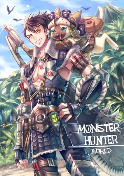 Anime picture 1200x1694 with monster hunter monster hunter: world felyne field team leader (monster hunter world) zoff (daria) single tall image fringe short hair black hair smile standing yellow eyes looking away sky cloud (clouds) outdoors sparkle fur trim copyright name