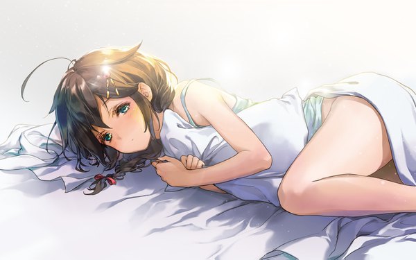 Anime picture 1354x847 with kantai collection shigure destroyer 888myrrh888 single long hair looking at viewer blush light erotic simple background brown hair white background green eyes ahoge lying braid (braids) single braid on side remodel (kantai collection) girl underwear