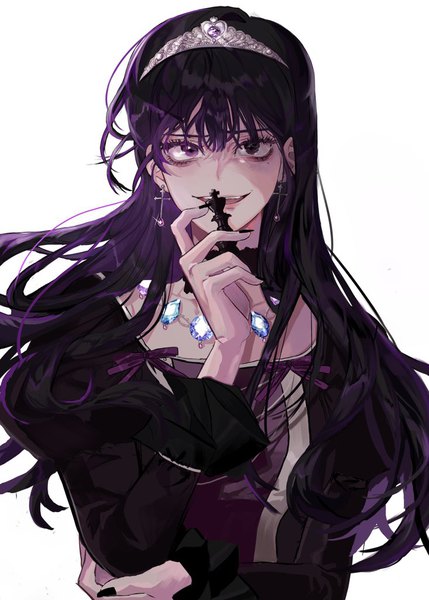 Anime picture 733x1024 with your throne medea solon cholan single long hair tall image looking at viewer fringe open mouth simple background smile hair between eyes white background purple eyes holding purple hair upper body :d mole teeth