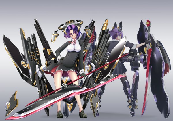 Anime picture 1200x842 with kantai collection tenryuu light cruiser tatsuta light cruiser big.g looking at viewer short hair breasts standing purple eyes multiple girls yellow eyes purple hair pleated skirt looking back from behind grey background leaning leaning forward hand on hip back