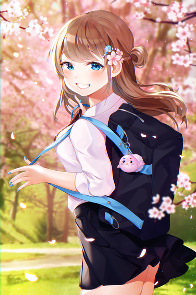 Anime picture 2800x4200 with original reel (riru) single long hair tall image looking at viewer blush fringe highres blue eyes smile brown hair standing payot outdoors nail polish hair flower fingernails wind mole