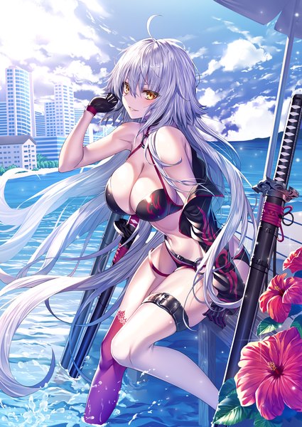 Anime picture 836x1180 with fate (series) fate/grand order jeanne d'arc (fate) (all) jeanne d'arc alter (fate) jeanne d'arc alter (swimsuit berserker) (fate) heirou single long hair tall image looking at viewer blush fringe breasts light erotic smile hair between eyes large breasts sitting bare shoulders yellow eyes
