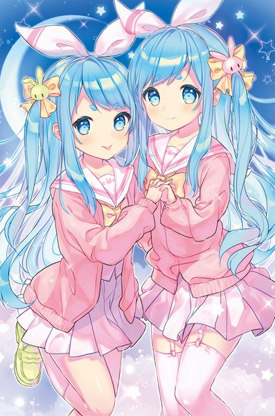 Anime picture 1325x2000 with sound voltex noah (sound voltex) near (sound voltex) cona kinaco long hair tall image looking at viewer blush fringe blue eyes standing multiple girls blue hair bent knee (knees) pleated skirt light smile sparkle two side up holding hands standing on one leg