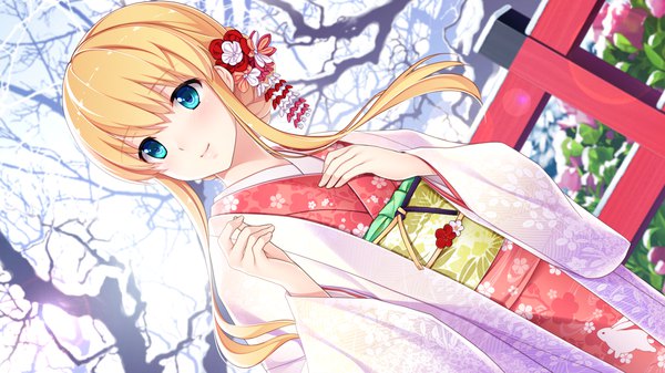 Anime picture 1280x720 with gin'iro haruka bethly rose daisley single long hair blush blue eyes blonde hair smile wide image looking away game cg traditional clothes japanese clothes alternate hairstyle hair up girl hair ornament kimono