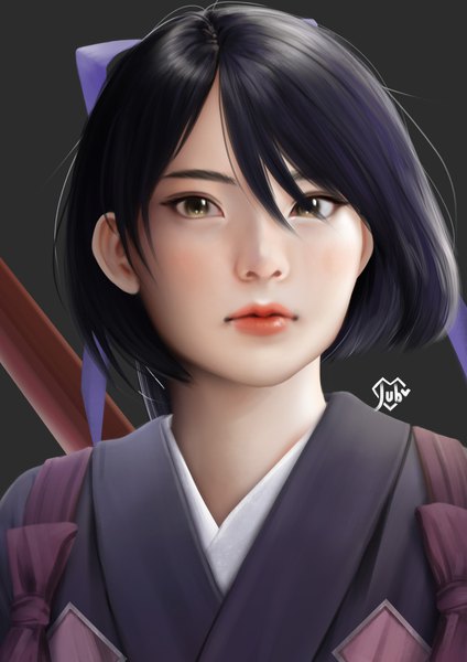 Anime picture 1920x2716 with original jubi (regiana) single tall image looking at viewer fringe highres short hair black hair hair between eyes brown eyes traditional clothes japanese clothes grey background lipstick portrait expressionless borrowed character girl