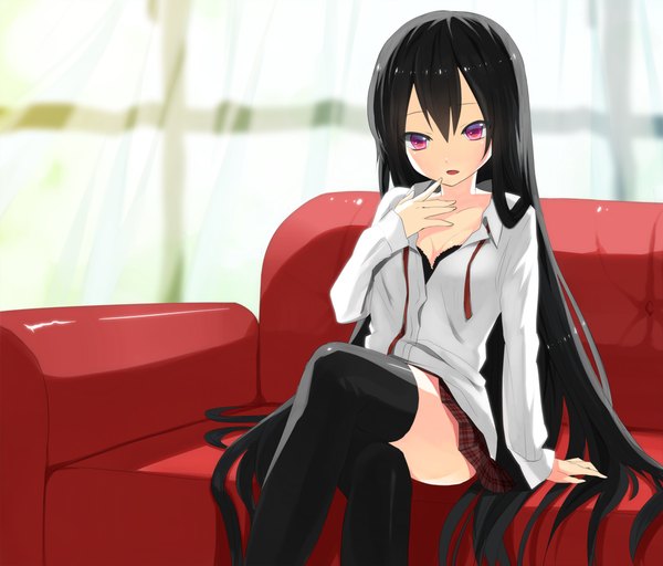 Anime picture 1000x854 with original kurasawa moko single long hair light erotic black hair red eyes sitting crossed legs girl thighhighs black thighhighs couch