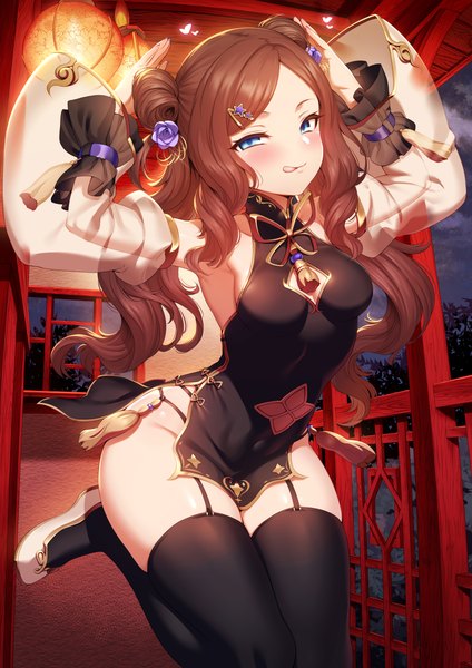 Anime picture 2894x4093 with fate (series) fate/grand order leonardo da vinci (fate) mdastarou single long hair tall image looking at viewer blush fringe highres breasts blue eyes light erotic smile brown hair standing traditional clothes hair flower night