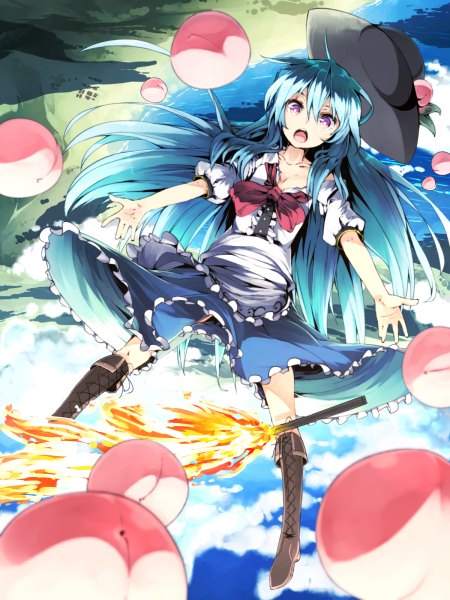 Anime picture 900x1200 with touhou hinanawi tenshi ibuki notsu single long hair tall image looking at viewer open mouth purple eyes blue hair spread arms falling girl weapon hat sword sea knee boots fruit flame
