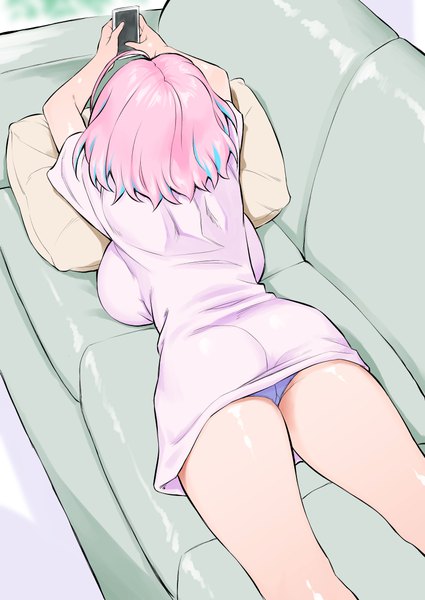 Anime picture 800x1130 with idolmaster idolmaster cinderella girls yumemi riamu inu (aerodog) single tall image short hair breasts light erotic simple background large breasts holding pink hair ahoge ass indoors lying from above from behind two-tone hair