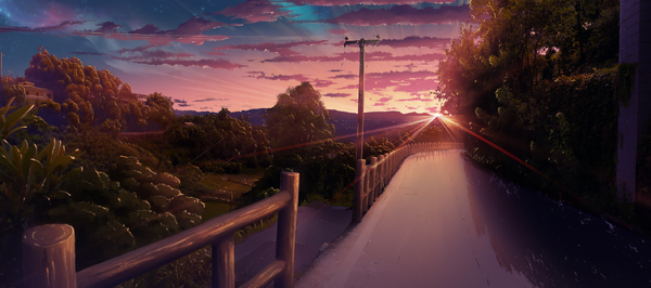 Anime picture 1031x458 with original xingyue ling wide image sky cloud (clouds) outdoors sunlight evening reflection sunset horizon mountain no people landscape sunbeam plant (plants) tree (trees) road
