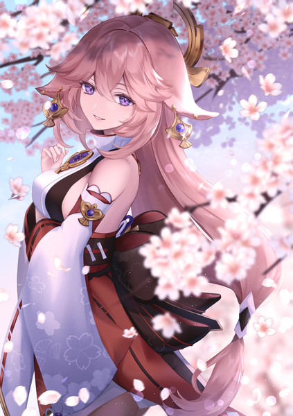 Anime-Bild 2039x2894 mit genshin impact yae miko asahi (vjss4548) single long hair tall image fringe highres hair between eyes purple eyes animal ears pink hair outdoors traditional clothes japanese clothes fox ears cherry blossoms low ponytail nontraditional miko spring