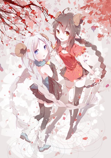 Anime picture 706x1000 with vocaloid vocaloid china luo tianyi yuezheng ling sourxuan tall image fringe smile brown hair standing purple eyes multiple girls brown eyes white hair braid (braids) very long hair parted lips looking back horn (horns) from above