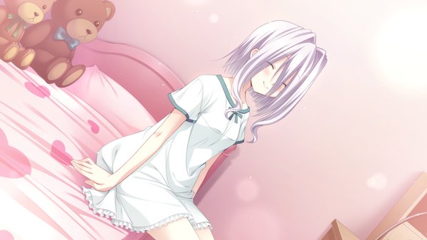Anime picture 1280x720 with root double tachibana nagisa blush short hair smile wide image game cg white hair eyes closed loli girl bed teddy bear