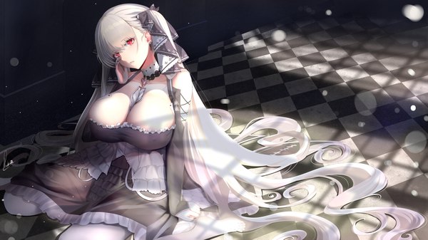 Anime picture 5000x2812 with azur lane formidable (azur lane) piukute062 single looking at viewer fringe highres breasts light erotic hair between eyes red eyes wide image sitting signed absurdres cleavage indoors very long hair nail polish parted lips