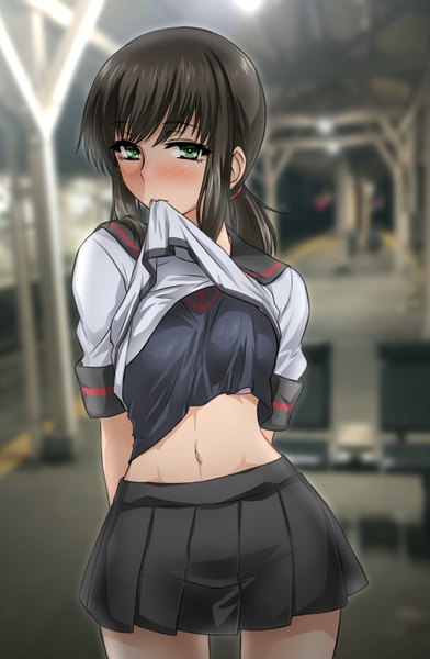 Anime picture 1785x2732 with kantai collection fubuki destroyer akito (sub707) single long hair tall image looking at viewer blush fringe highres breasts black hair standing holding green eyes payot pleated skirt blurry short sleeves midriff