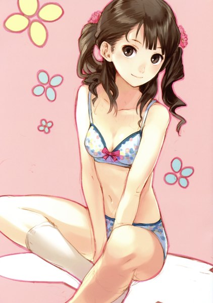 Anime picture 3256x4633 with kishida mel single tall image looking at viewer highres short hair light erotic smile brown hair sitting twintails brown eyes absurdres underwear only short twintails wavy hair polka dot girl navel underwear