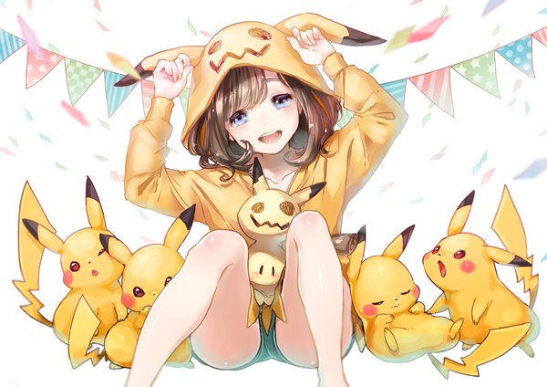 Anime picture 2000x1415 with pokemon pokemon sm nintendo pikachu selene (pokemon) mimikyu miimmiim3333 single looking at viewer blush highres short hair open mouth blue eyes simple background smile brown hair white background sitting looking away