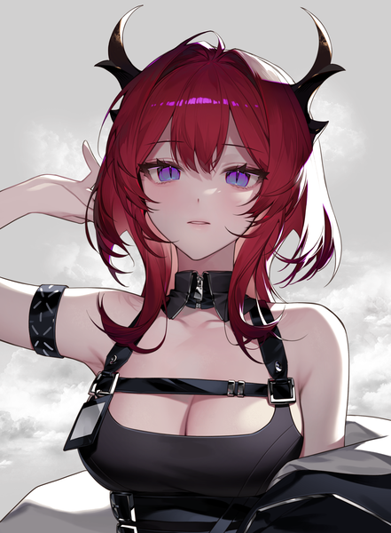 Anime picture 2259x3072 with arknights surtr (arknights) botte single long hair tall image looking at viewer blush fringe highres breasts simple background hair between eyes large breasts purple eyes cleavage upper body ahoge red hair parted lips