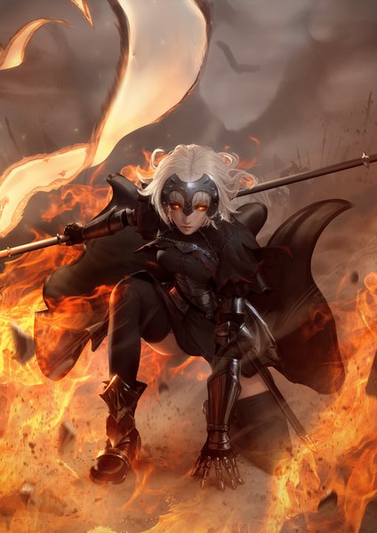 Anime picture 2828x4000 with fate (series) fate/grand order jeanne d'arc (fate) (all) jeanne d'arc alter (fate) raikoart tall image looking at viewer fringe highres short hair breasts holding yellow eyes payot sky silver hair cloud (clouds) full body bent knee (knees) outdoors