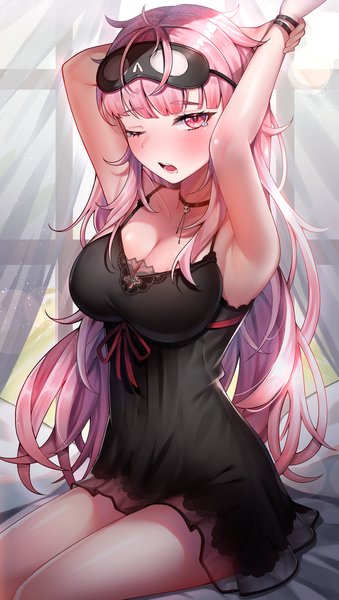 Anime-Bild 2428x4300 mit virtual youtuber hololive hololive english mori calliope mori calliope (6th costume) libratul single long hair tall image looking at viewer blush fringe highres breasts open mouth light erotic red eyes pink hair blunt bangs one eye closed