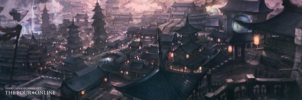 Anime picture 1057x353 with andou (masaki768) wide image inscription city cityscape no people city lights architecture east asian architecture building (buildings) lantern tower