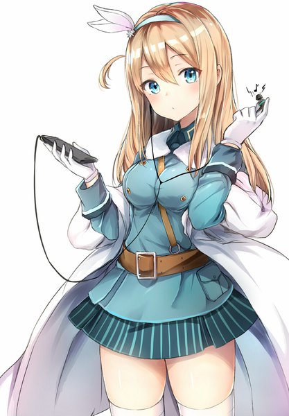 Anime picture 800x1150 with girls frontline suomi kp31 (girls frontline) luse maonang single long hair tall image looking at viewer fringe breasts blue eyes simple background blonde hair hair between eyes standing white background holding head tilt pleated skirt zettai ryouiki one side up