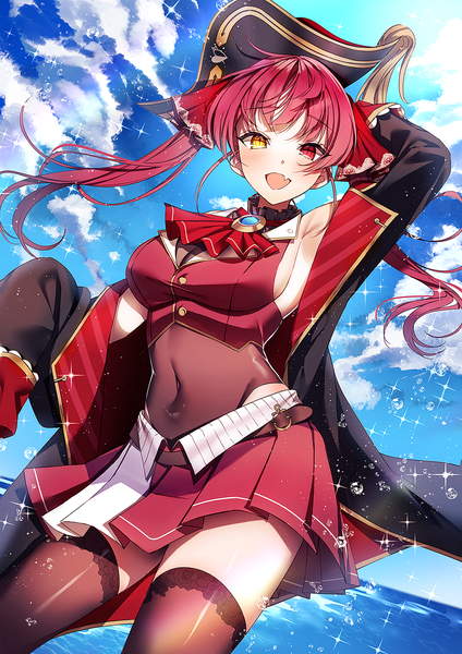 Anime picture 1500x2121 with virtual youtuber hololive houshou marine houshou marine (1st costume) ggatip single long hair tall image looking at viewer blush breasts open mouth twintails sky cloud (clouds) outdoors red hair :d pleated skirt sparkle