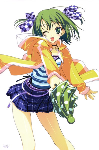 Anime picture 4619x6980 with original murakami suigun single tall image looking at viewer blush fringe highres short hair open mouth simple background standing white background twintails green eyes absurdres one eye closed green hair wink plaid skirt