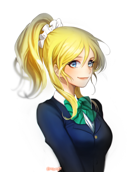 Anime picture 700x931 with love live! school idol project sunrise (studio) love live! ayase eli aegyo single long hair tall image looking at viewer blush fringe blue eyes simple background blonde hair smile hair between eyes white background signed payot upper body