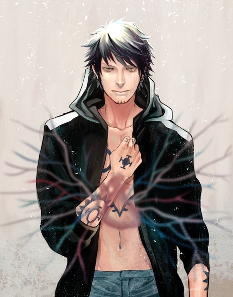 Anime picture 1335x1703 with one piece toei animation trafalgar law yuu (1969loy) single tall image looking at viewer short hair black hair simple background brown eyes grey background open clothes tattoo tears boy earrings heart jeans beard