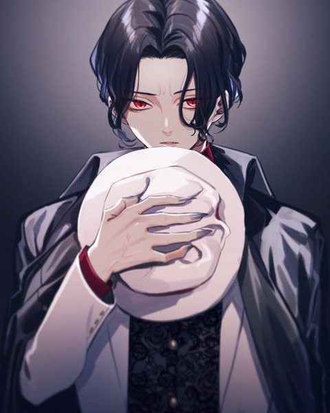 Anime picture 2384x2980 with kimetsu no yaiba ufotable kibutsuji muzan yamada chickenko single tall image looking at viewer highres short hair black hair simple background red eyes upper body dark background slit pupils clothes on shoulders hat removed headwear removed boy claws