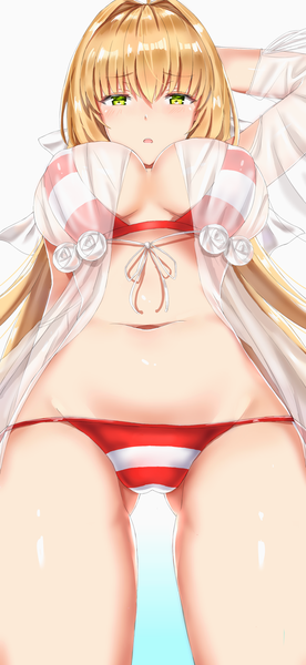 Anime picture 1430x3108 with fate (series) fate/grand order nero claudius (fate) (all) nero claudius (swimsuit caster) (fate) farys (afopahqfw) single long hair tall image looking at viewer blush fringe breasts light erotic simple background blonde hair hair between eyes large breasts standing white background green eyes