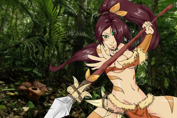 Anime picture 1600x1067 with league of legends nidalee (league of legends) gui qian (artist) single long hair fringe light erotic brown hair green eyes ponytail hair over one eye midriff facial mark girl navel tree (trees) necklace forest spear
