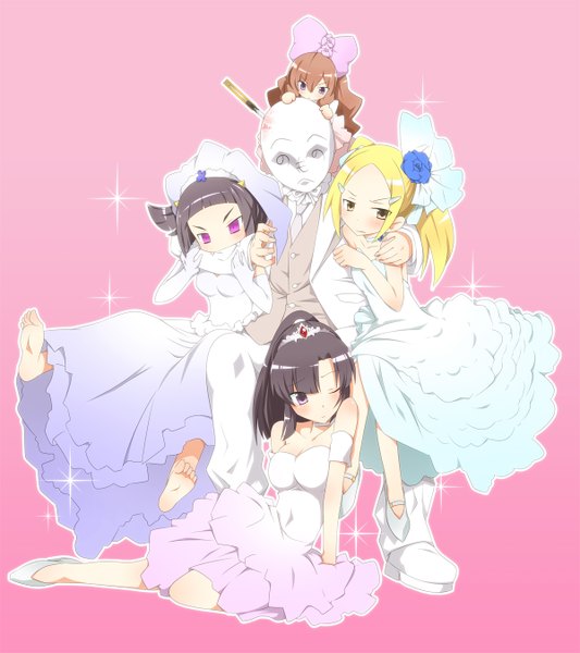 Anime picture 1200x1350 with kami nomi zo shiru sekai aoyama mio lune (kaminomi) uemoto sumire vulcan (kaminomi) yuto (dialique) tall image black hair blonde hair multiple girls pink hair ponytail one eye closed barefoot wink girl dress bow hair bow 4 girls