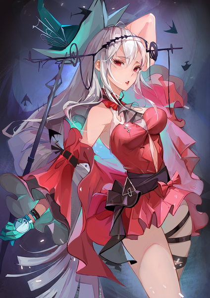 Anime picture 2480x3508 with arknights skadi (arknights) skadi the corrupting heart (arknights) yaoshan shi single long hair tall image looking at viewer fringe highres open mouth hair between eyes red eyes standing bare shoulders holding payot silver hair ahoge arm up