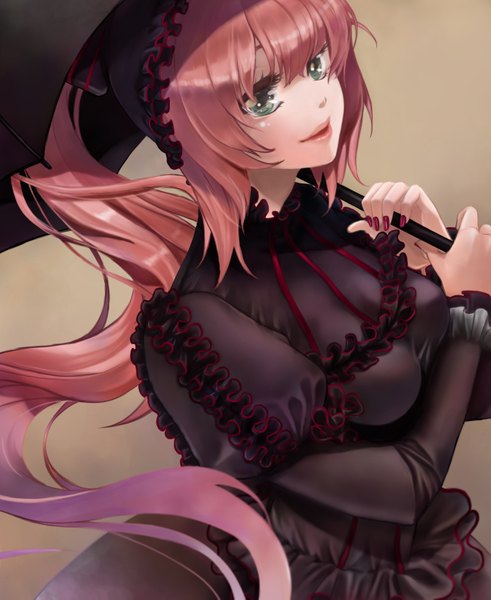 Anime picture 1300x1589 with overlord (maruyama) dies irae madhouse shalltear bloodfallen rusalka schwagerin mia (gute-nacht-07) single long hair tall image looking at viewer fringe breasts simple background smile hair between eyes large breasts holding green eyes pink hair ponytail