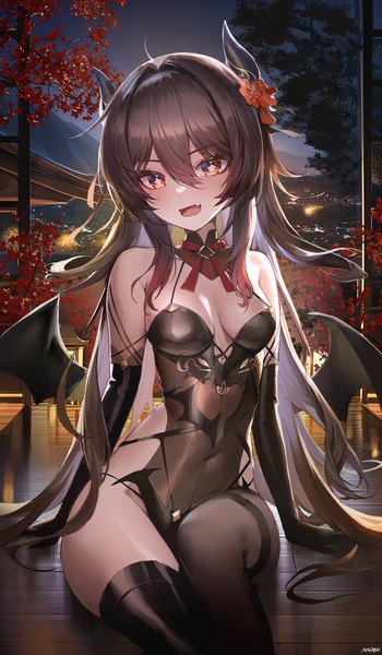 Anime picture 2000x3429 with genshin impact hu tao (genshin impact) mmlyno single long hair tall image looking at viewer blush fringe highres breasts open mouth light erotic smile hair between eyes red eyes signed :d hair flower horn (horns)