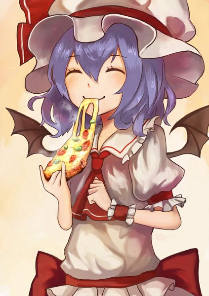 Anime picture 738x1046 with touhou remilia scarlet +5cm single long hair tall image blush fringe simple background smile standing holding purple hair eyes closed happy eating bat wings girl wings food