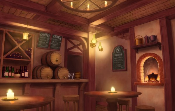 Anime picture 1225x775 with original alba (little witches) indoors no people chair table bottle alcohol candle (candles) wine glass wine bar barrel menu