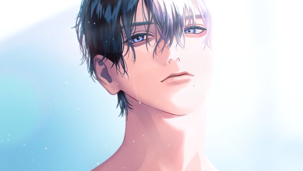 Anime picture 1500x844 with original kurayoshi samu (sum) single looking at viewer fringe short hair blue eyes black hair simple background hair between eyes wide image parted lips lips mole wet gradient background light close-up blue background face