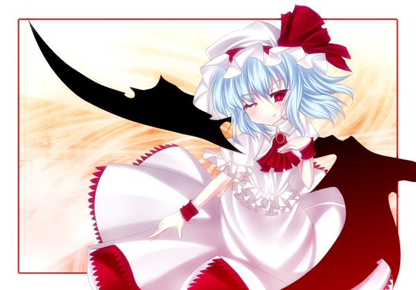 イラスト 1200x839 と 東方 レミリア・スカーレット キヨみん 短い髪 赤い目 青い髪 one eye closed ウィンク loli framed demon wings 女の子 ドレス 翼 被り物