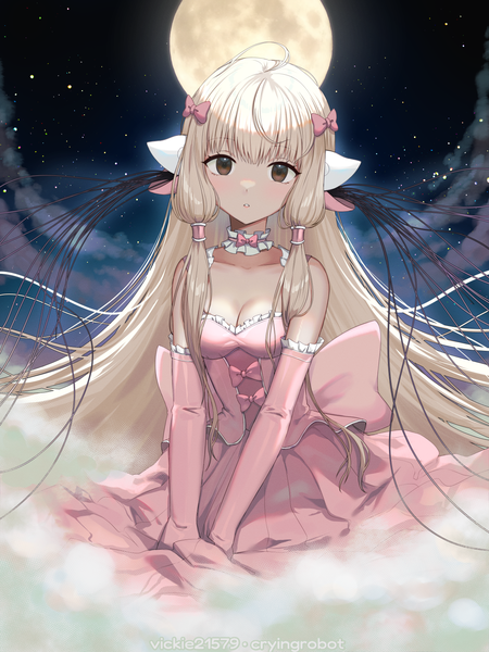 Anime picture 1200x1600 with chobits chii vickie (cryingrobot) single long hair tall image looking at viewer fringe breasts blonde hair sitting brown eyes signed cleavage cloud (clouds) ahoge outdoors blunt bangs night night sky