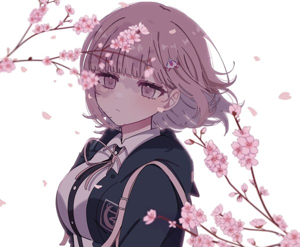 Anime picture 2048x1690 with dangan ronpa super dangan ronpa 2 nanami chiaki chi gu single fringe highres short hair simple background white background looking away pink hair upper body blunt bangs wind cherry blossoms girl petals branch